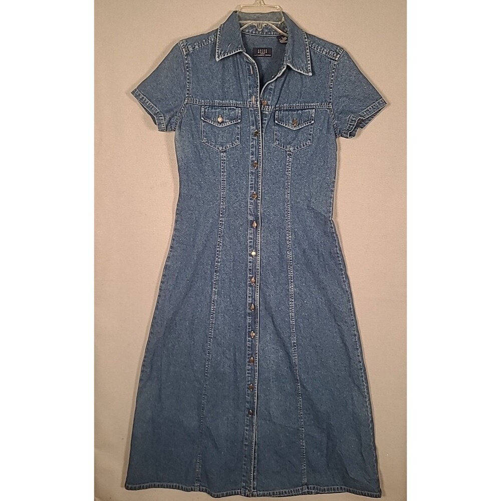 Vtg Crazy Horse Liz Claiborne Denim Maxi Dress Womens M Blue Front Boho Cowgirl